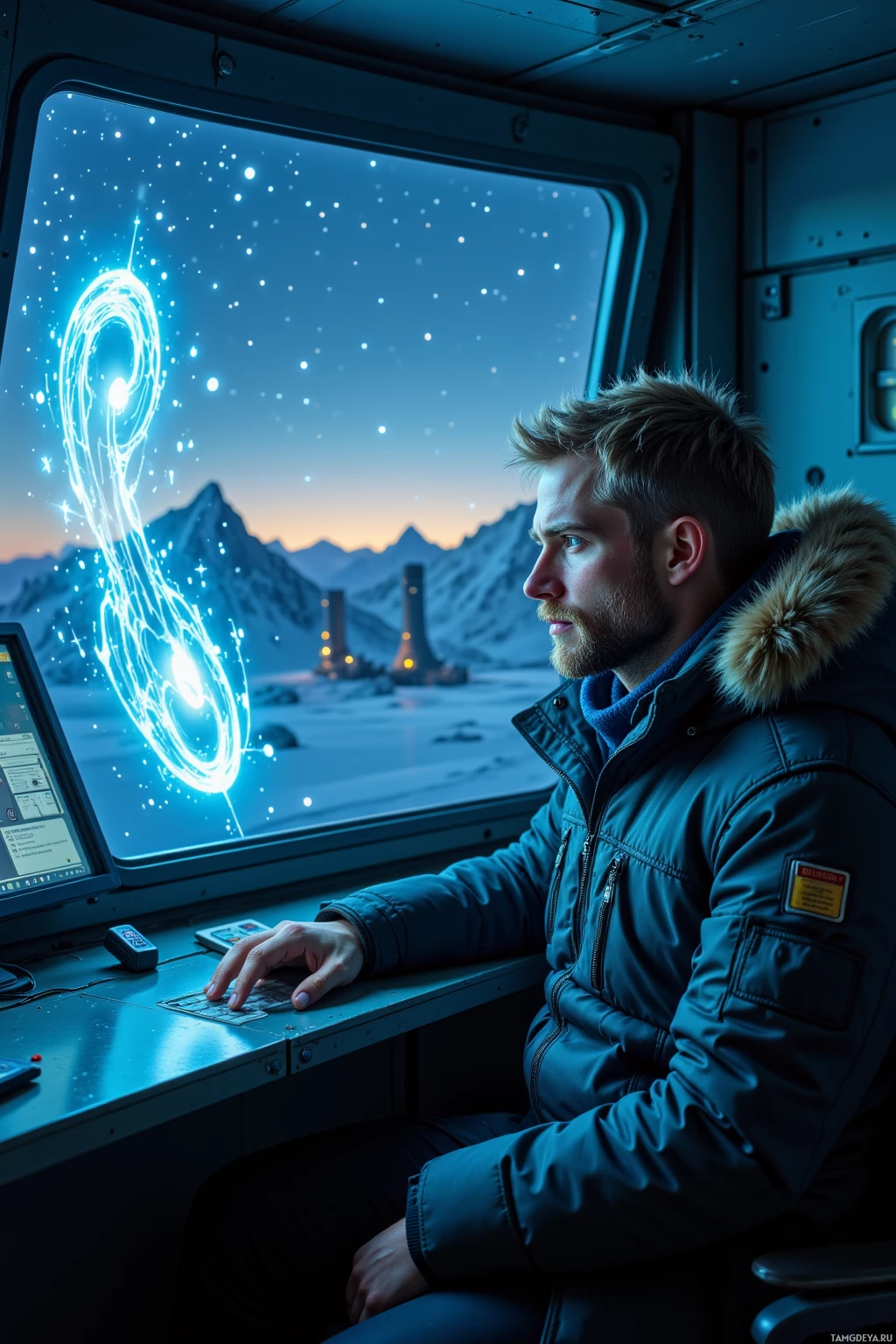 A person in a winter jacket sits at a control panel, gazing out at a futuristic, starry landscape.