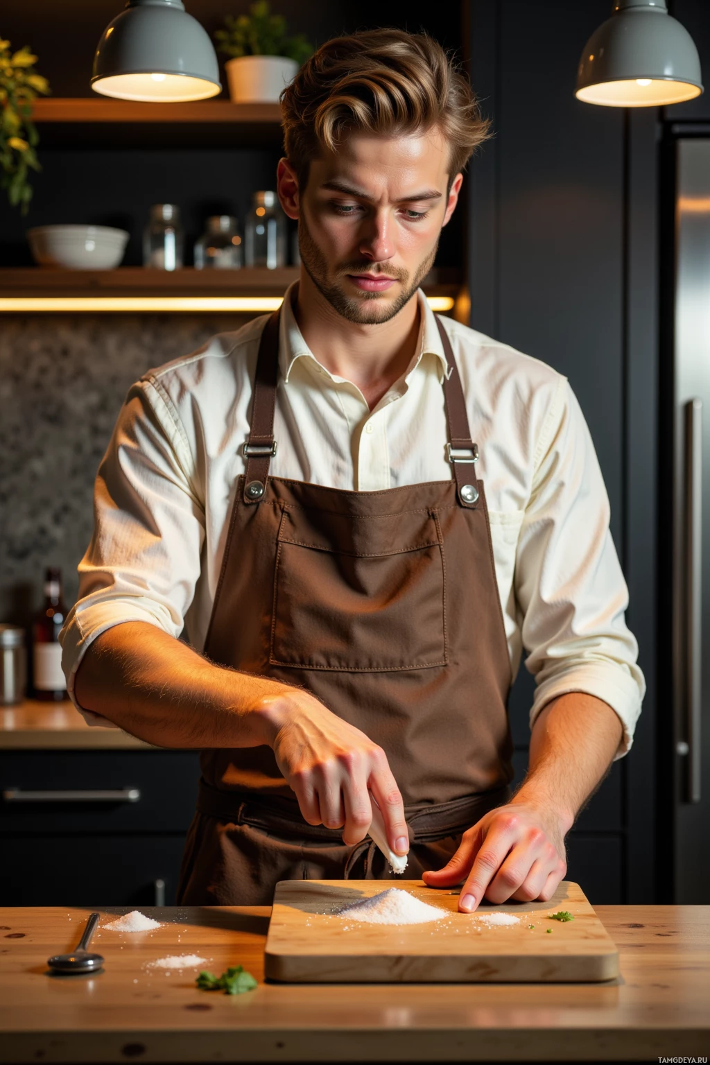 A man in an apron is sprinkling salt on a cutting board in a kitchen.