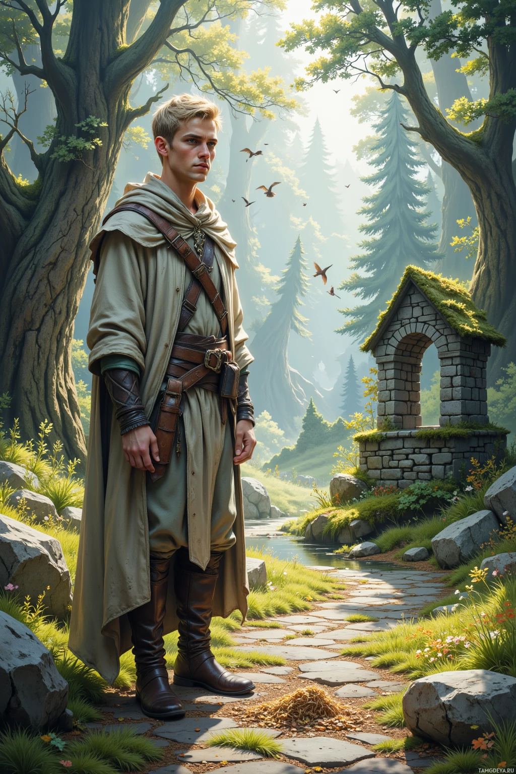 A man in medieval attire stands on a stone path in a lush forest.