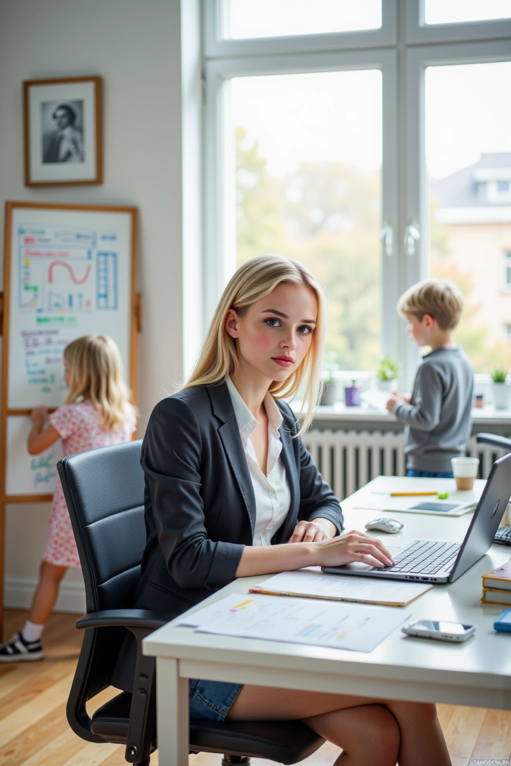 A woman in a professional setting works at a desk with a laptop, surrounded by children in the background.