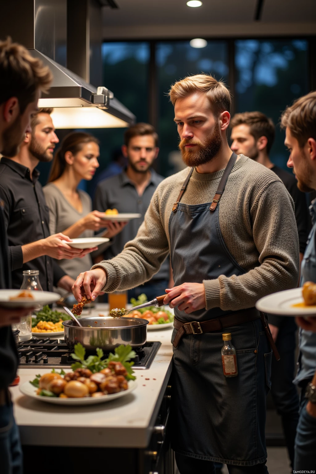 A group of people are gathered in a kitchen, serving food from a pot.