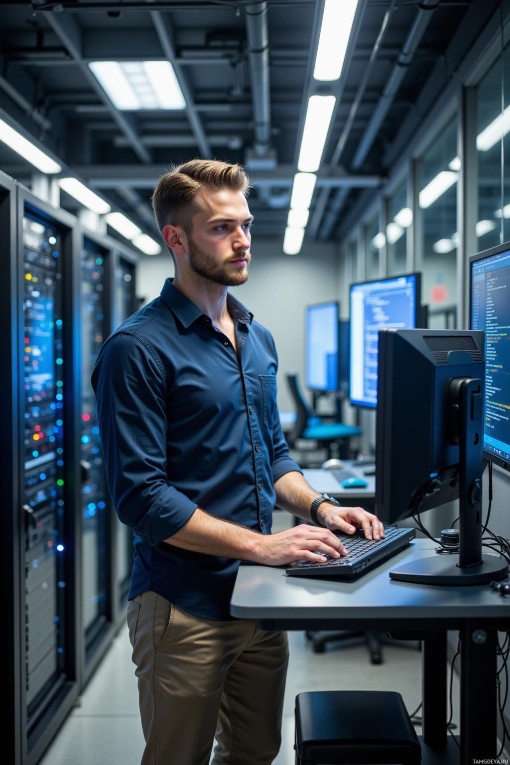 A man stands in a server room, working at a computer.