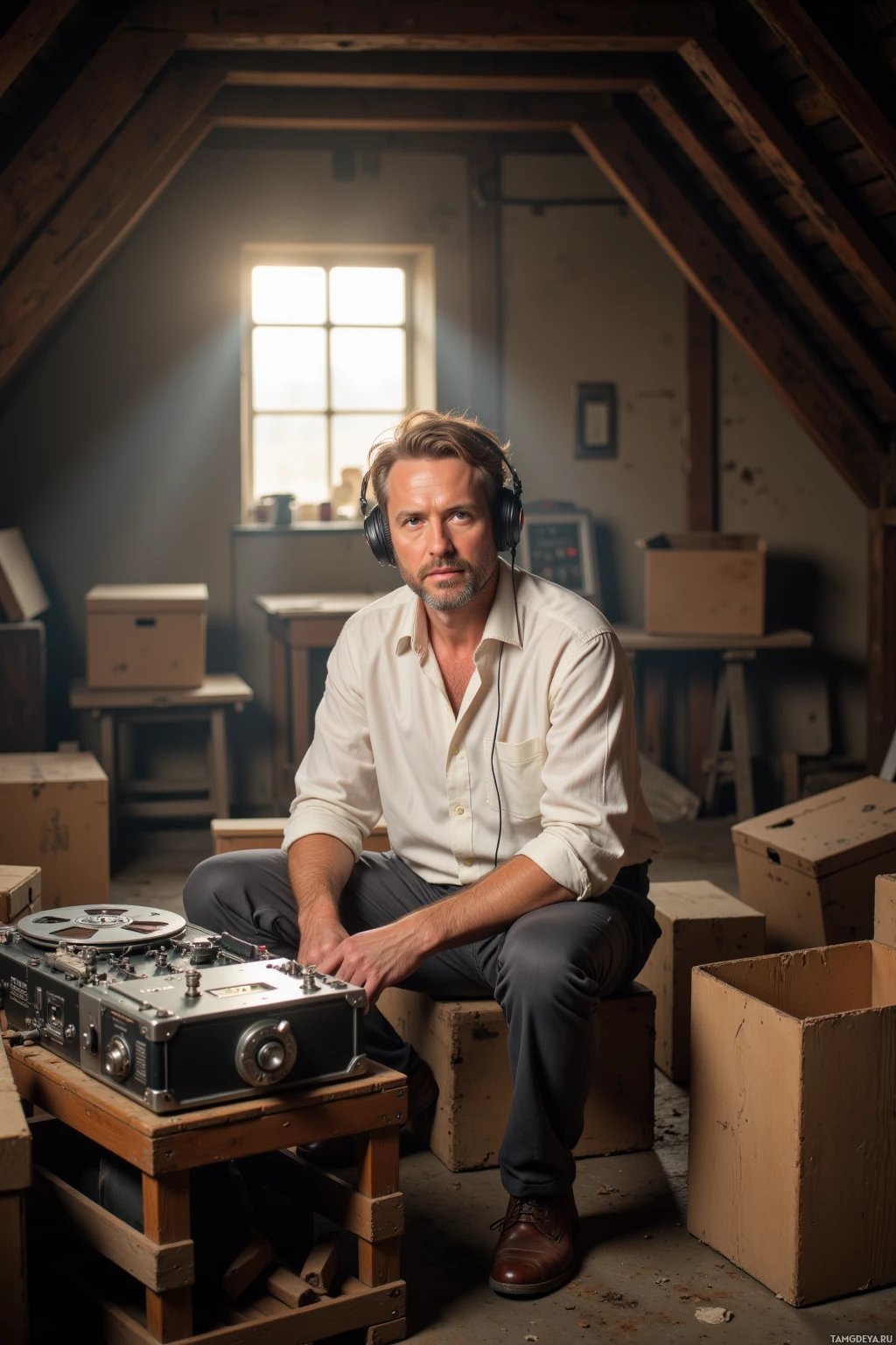 A man wearing headphones sits in a dimly lit attic room, surrounded by boxes and a vintage reel-to-reel tape recorder.