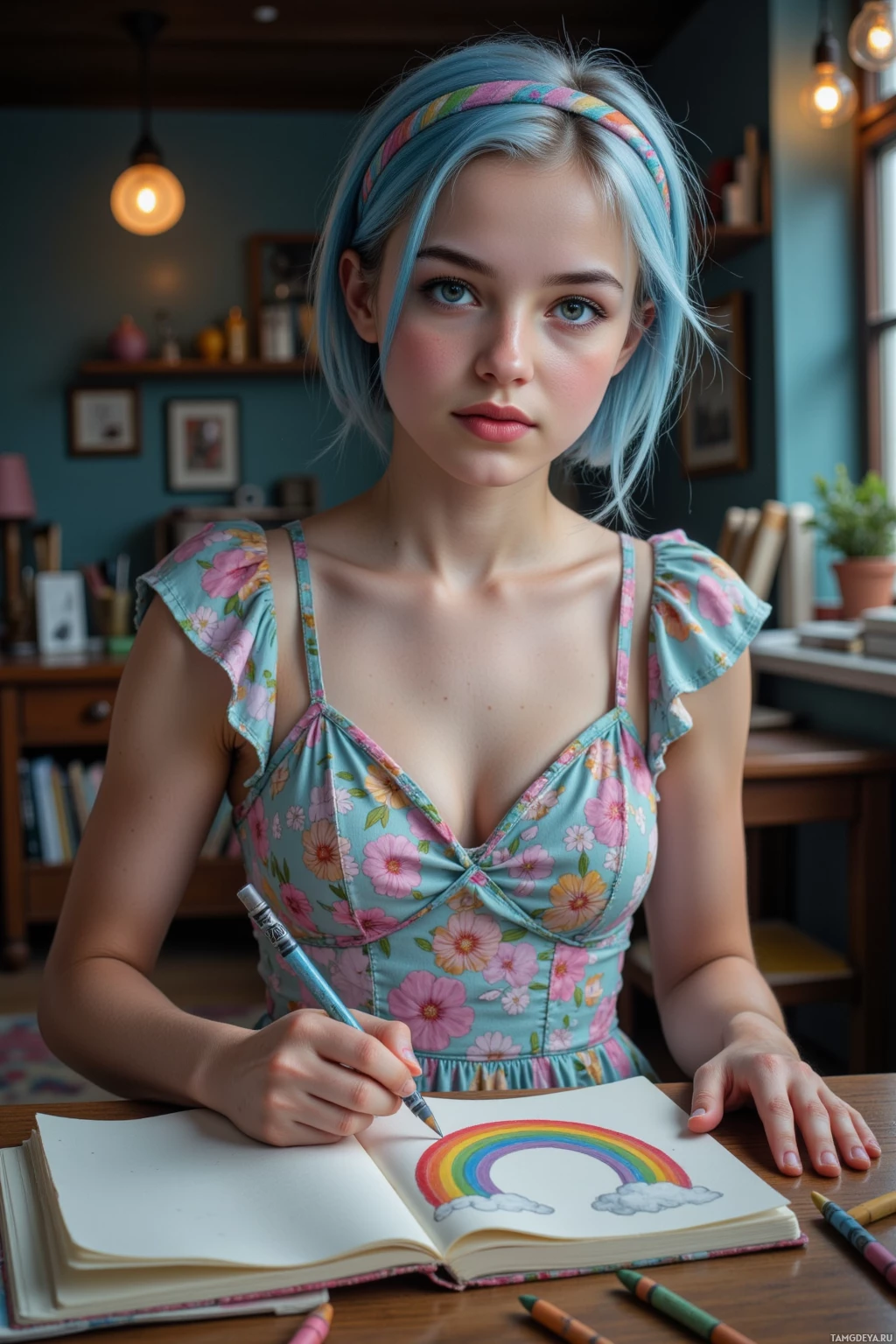 A young person with blue hair wearing a floral dress is drawing a rainbow in a notebook.