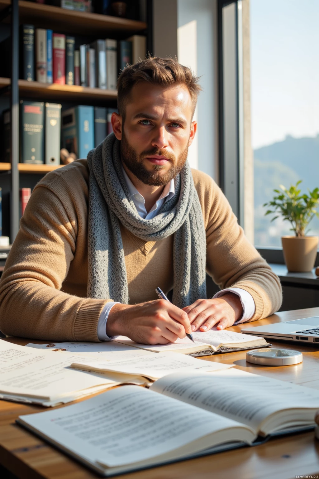 A man sits at a desk with books and a laptop, writing in a notebook.