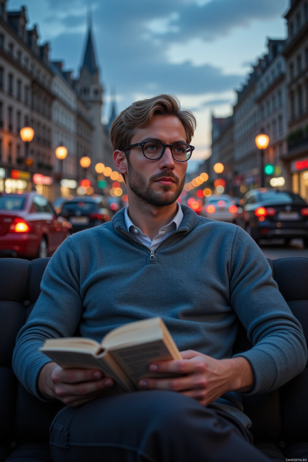 A man sits on a bench reading a book in a city street at dusk.