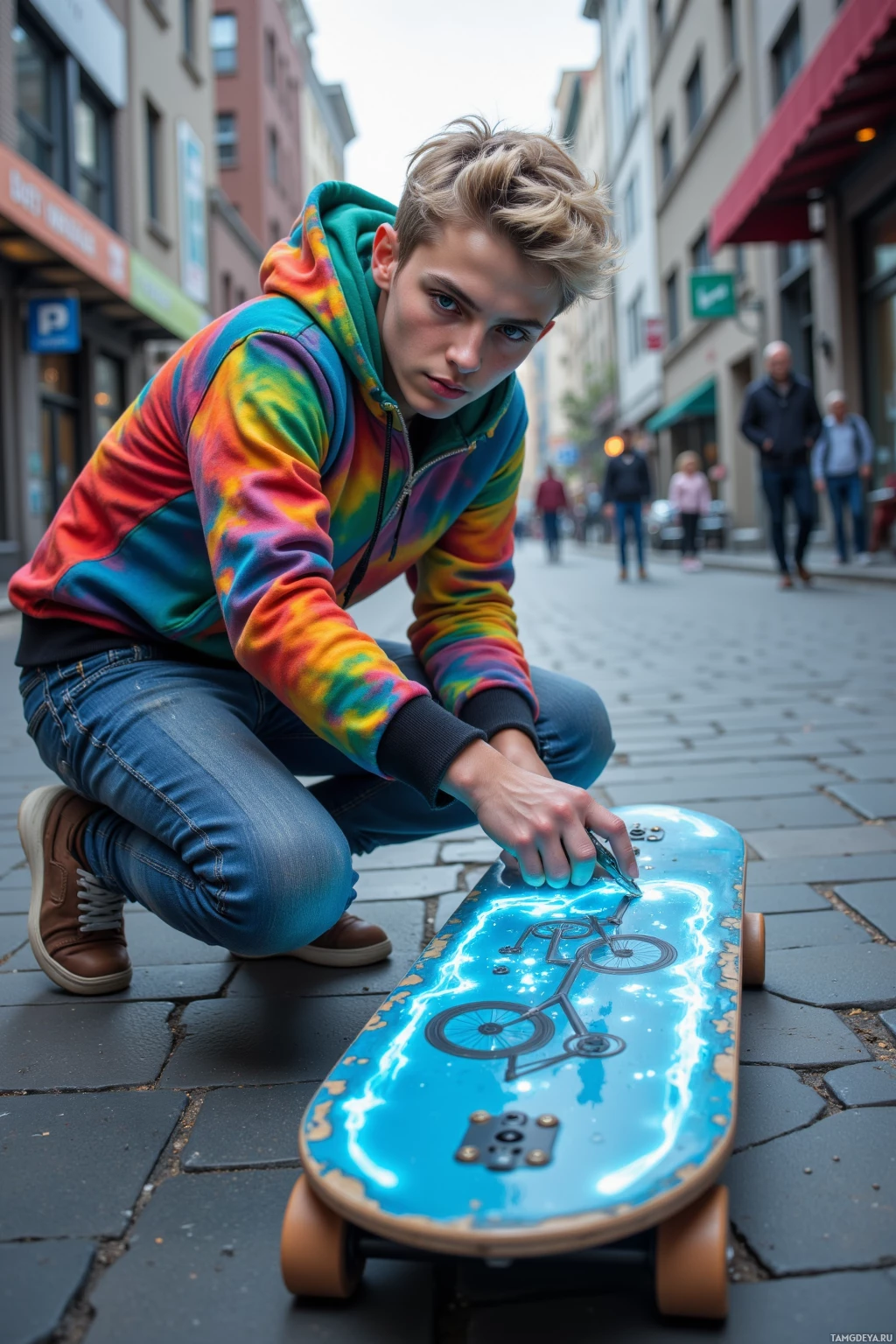A person in a colorful hoodie kneels on a cobblestone street, interacting with a skateboard.