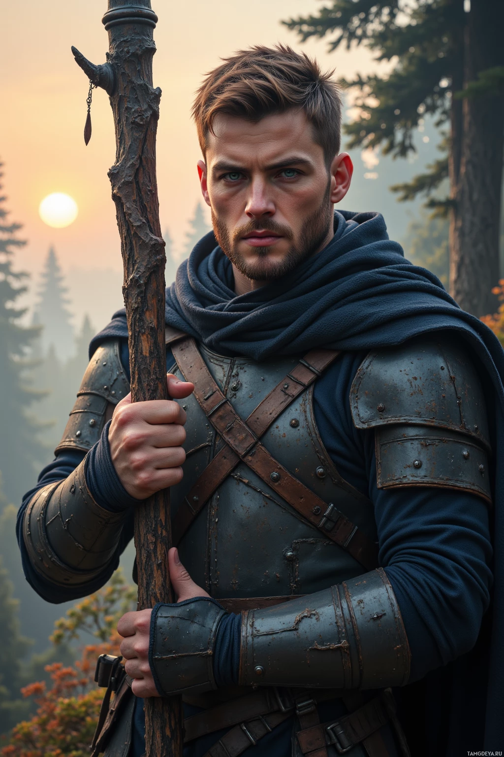 A man in medieval armor holds a staff, standing in a forest at sunset.
