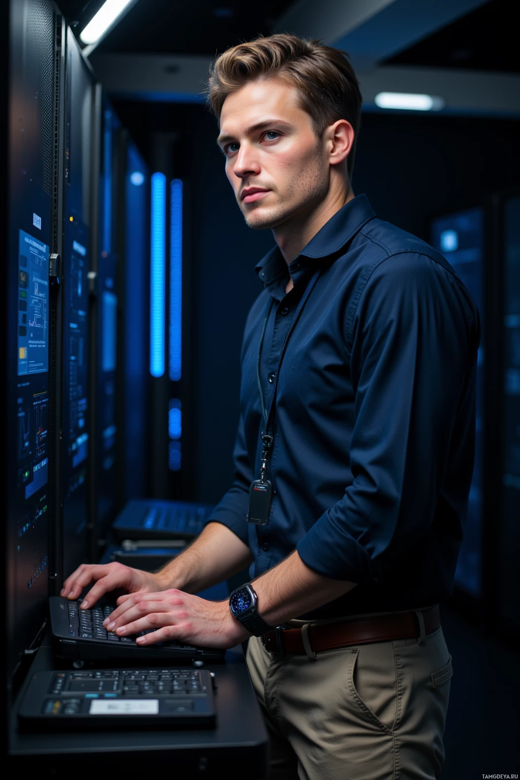 A man in a dark shirt stands in a server room, working on a computer.
