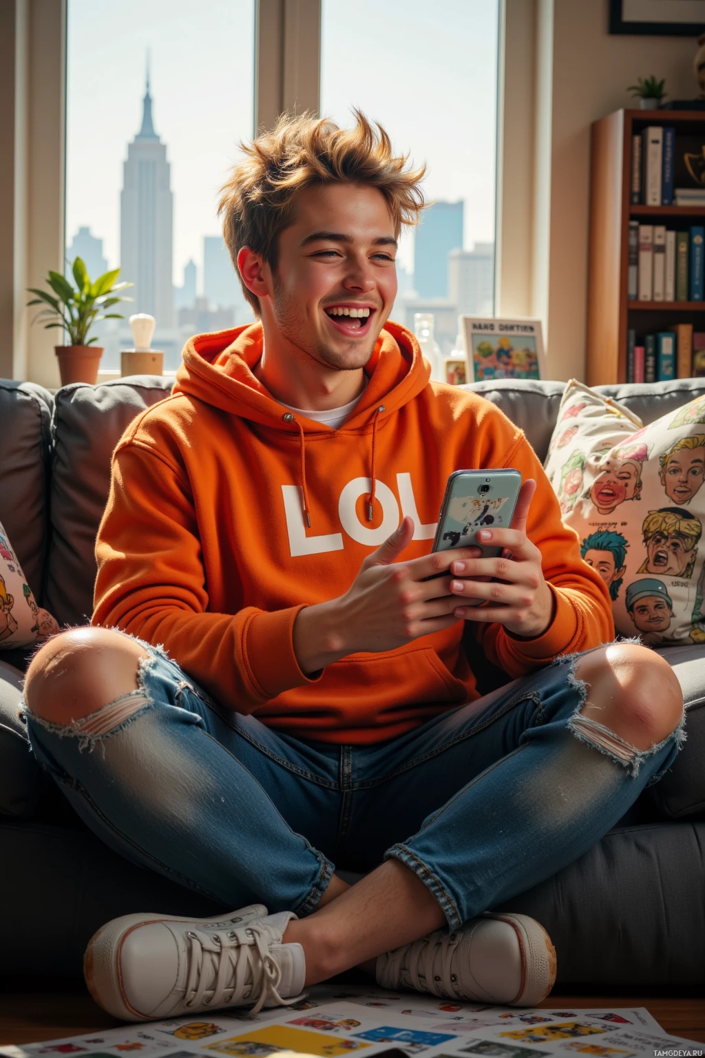 A person in an orange hoodie and jeans sits on a couch, holding a phone and smiling.