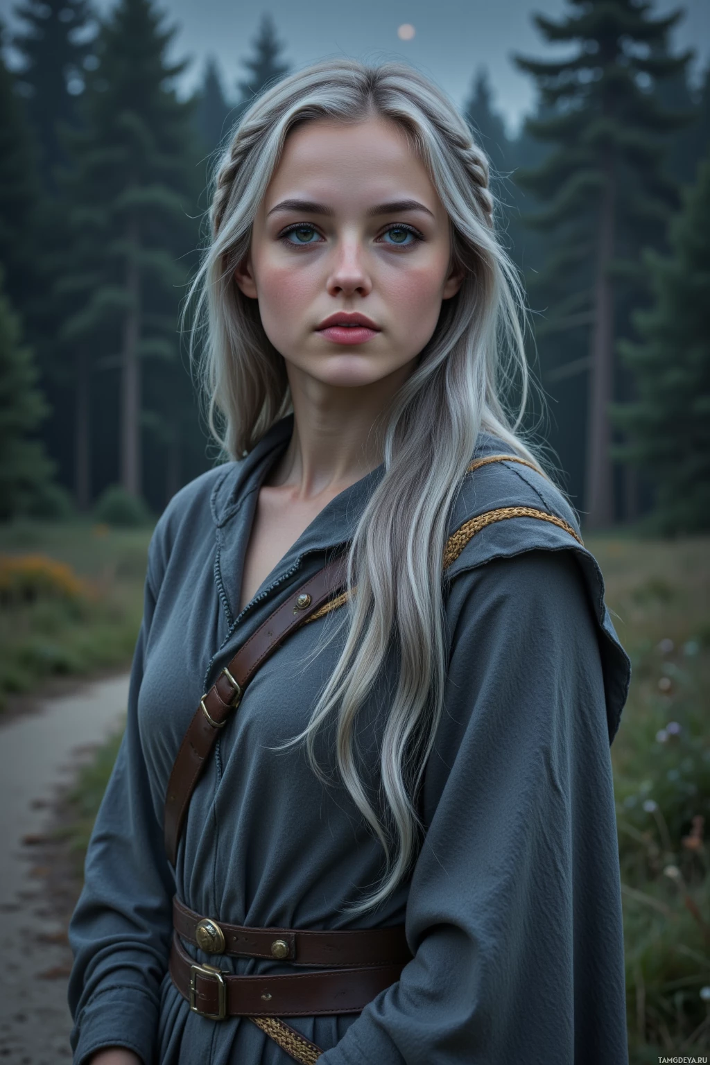 A person with long blonde hair stands in a forested area, wearing a dark tunic and a brown belt.