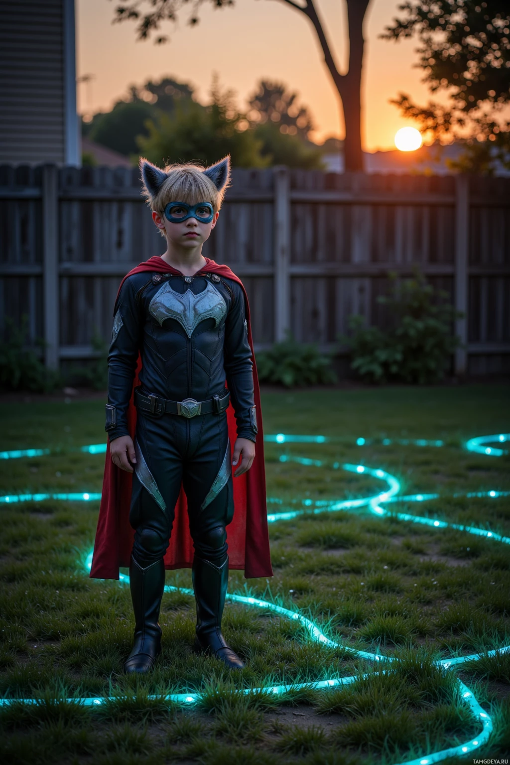 A child in a superhero costume stands in a grassy yard at sunset.