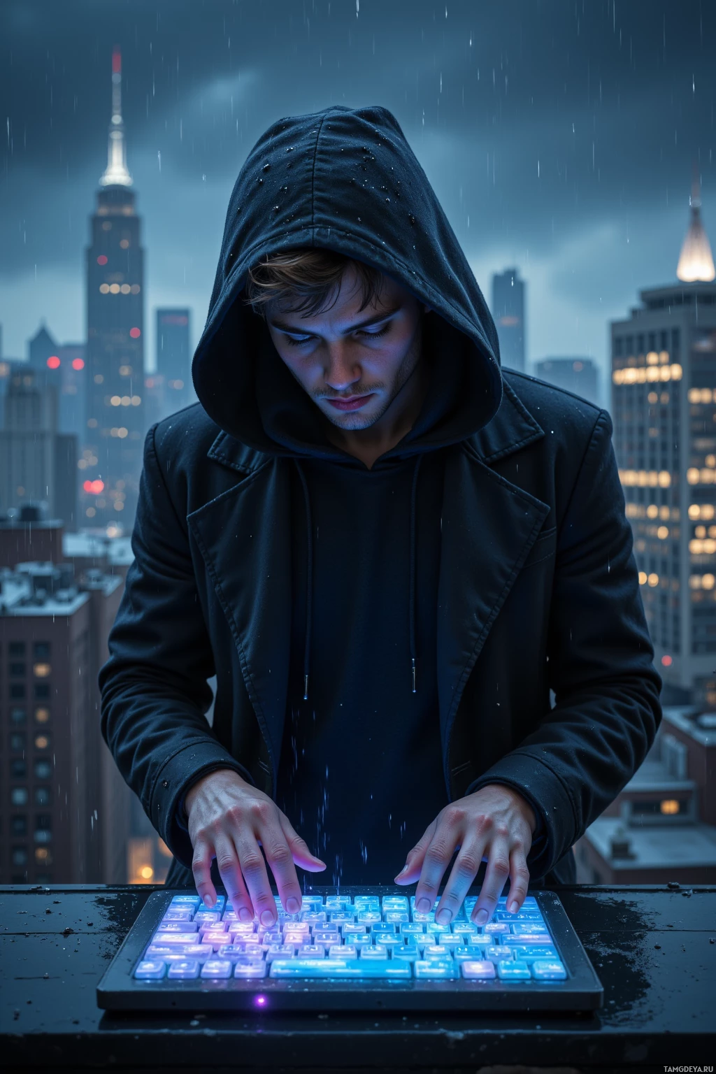 A hooded individual stands in the rain, typing on a glowing keyboard with a cityscape in the background.