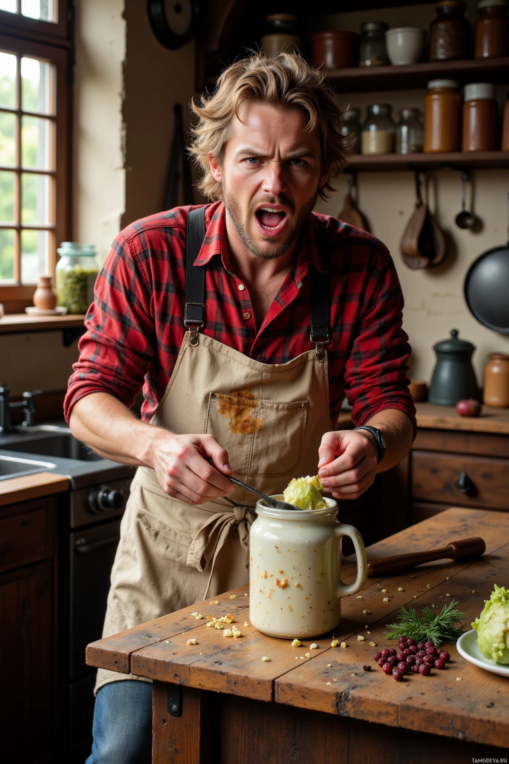 A man in a plaid shirt and apron is preparing food in a rustic kitchen.