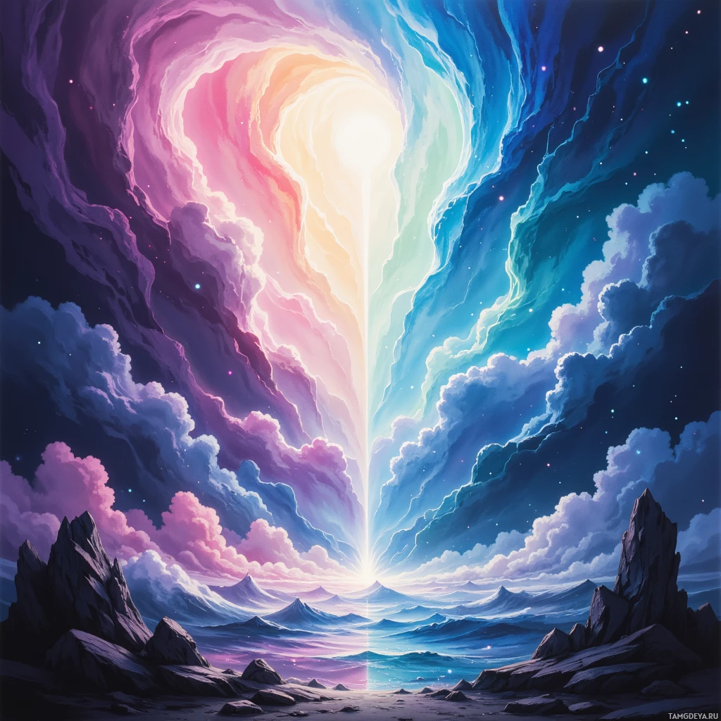 A vibrant, ethereal landscape featuring a radiant light source splitting the sky into contrasting hues of pink and blue, with rocky terrain in the foreground.