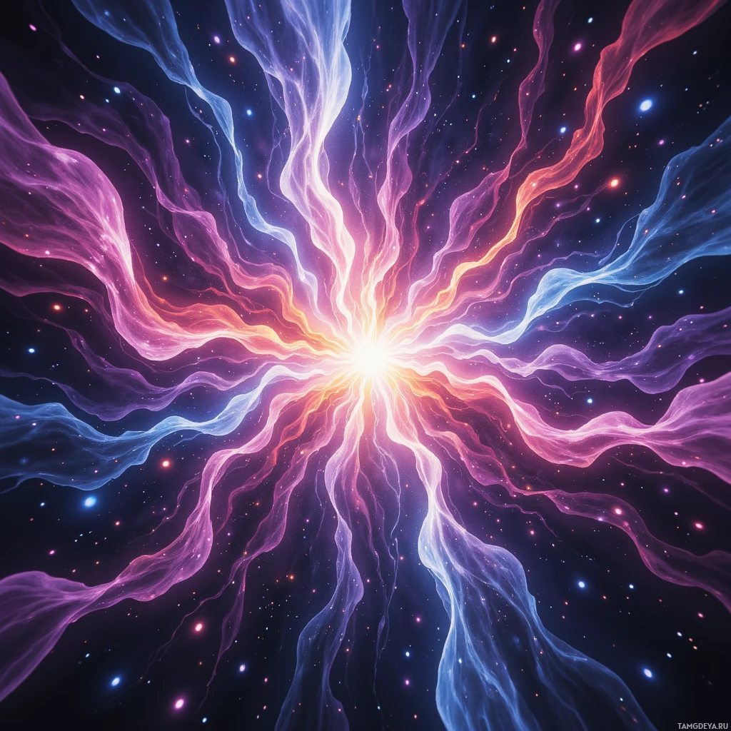 A vibrant cosmic explosion with swirling energy streams and scattered stars.