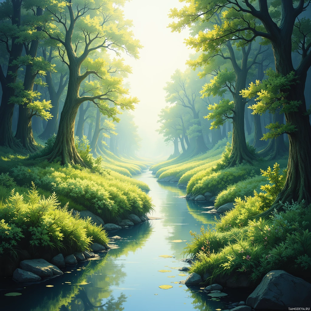 A serene forest scene with a calm river reflecting sunlight filtering through the trees.