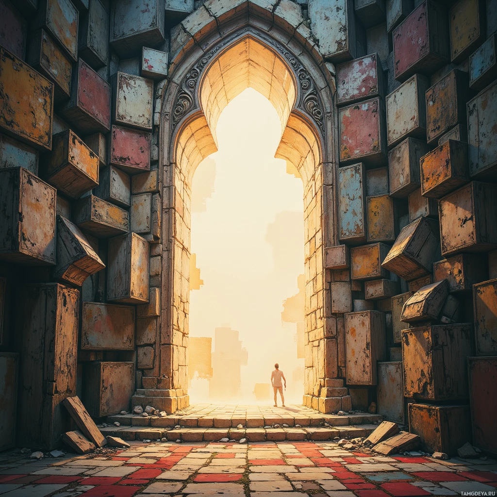 A lone figure stands at the threshold of a grand, sunlit archway amidst a backdrop of crumbling stone and debris.