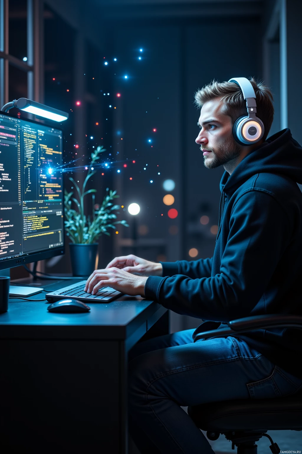 A person wearing headphones works on a computer in a dimly lit room.