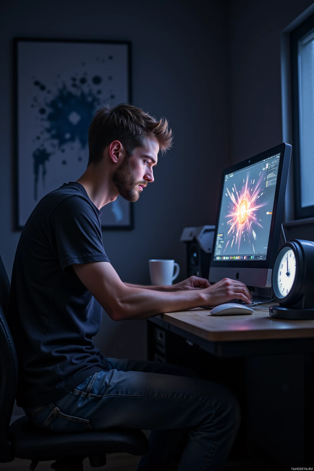 A person is sitting at a desk working on a computer with a colorful screen.
