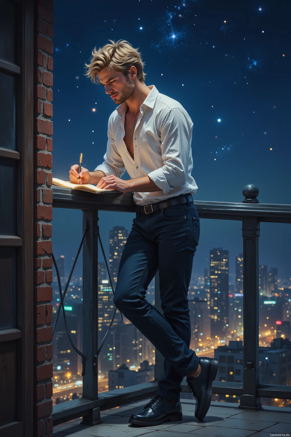 A man in a white shirt and jeans stands on a balcony at night, writing in a notebook with a cityscape and starry sky in the background.