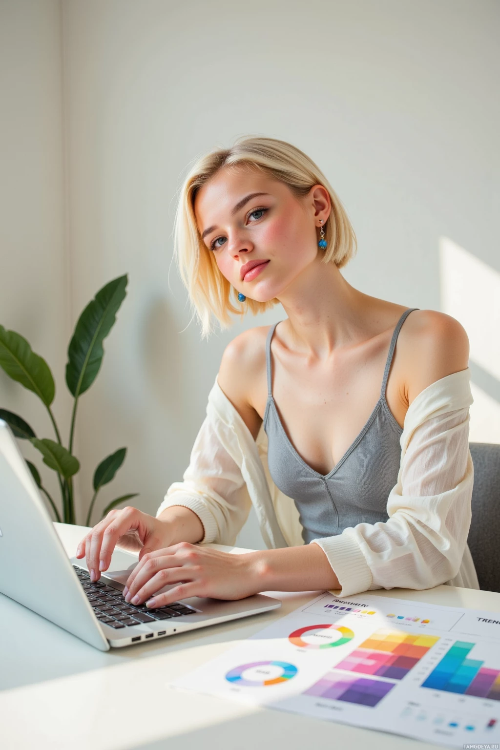 A woman is working at a desk with a laptop and colorful charts.