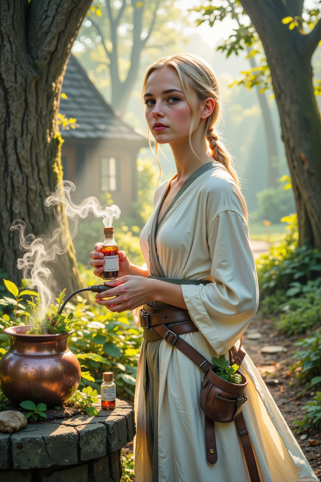 A person in a robe stands outdoors near a copper pot and a bottle with smoke rising from it.