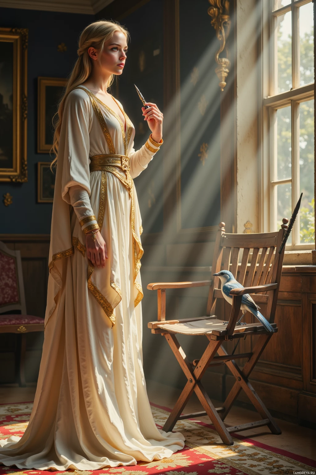 A woman in a flowing white gown with gold accents stands in a sunlit room, holding a quill pen.