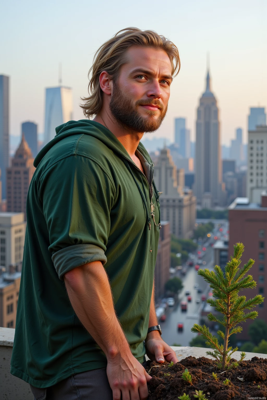 A man in a green hoodie stands on a rooftop overlooking a cityscape.