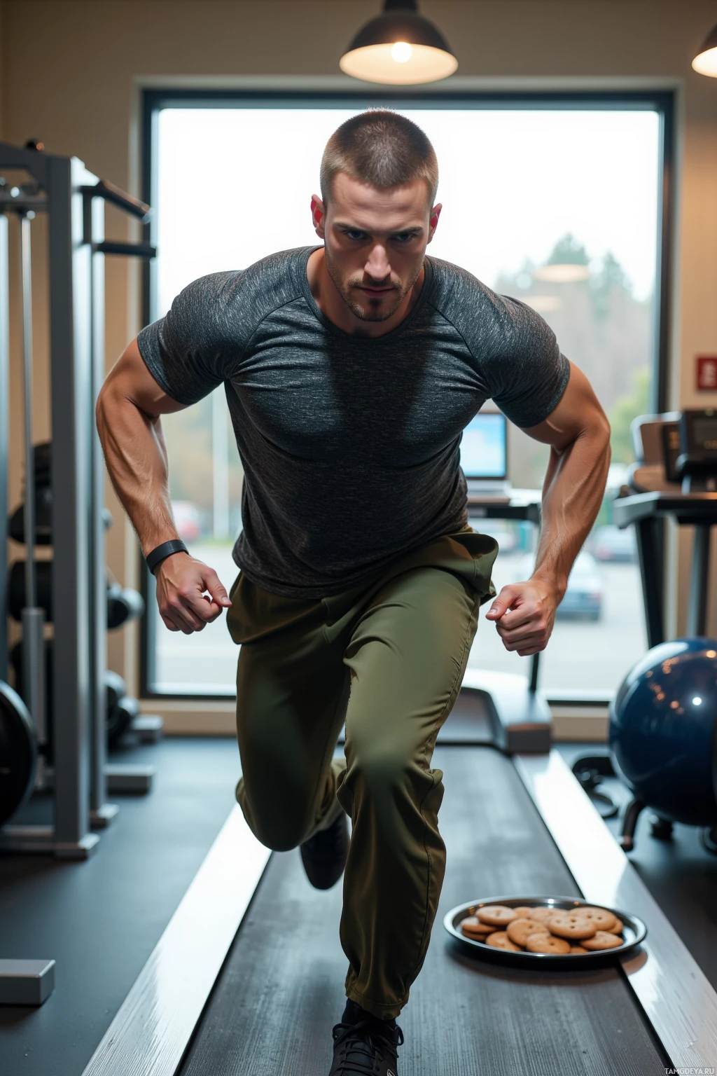 A man is running on a treadmill in a gym.