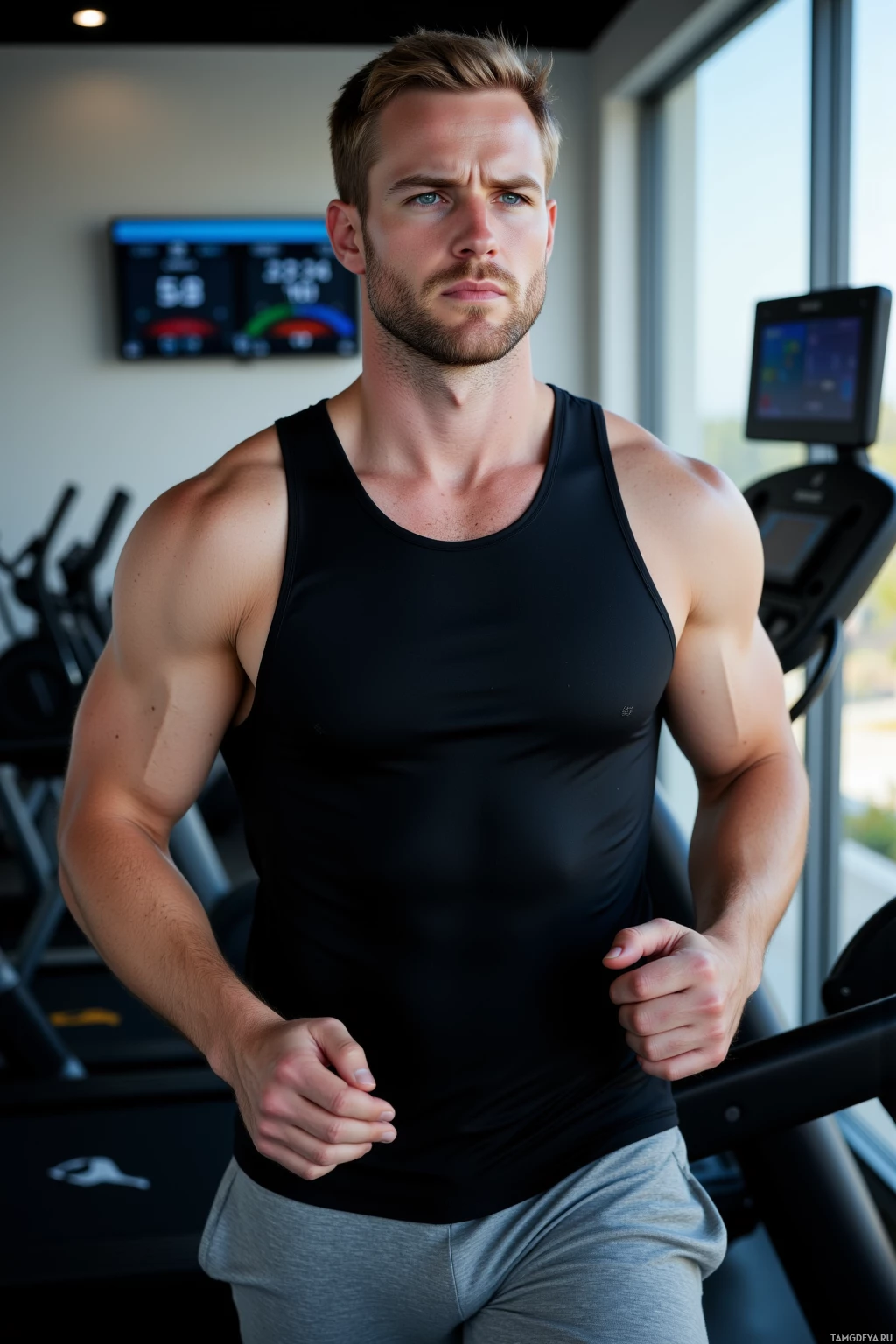 A muscular man in a gym wearing a black tank top and gray shorts.