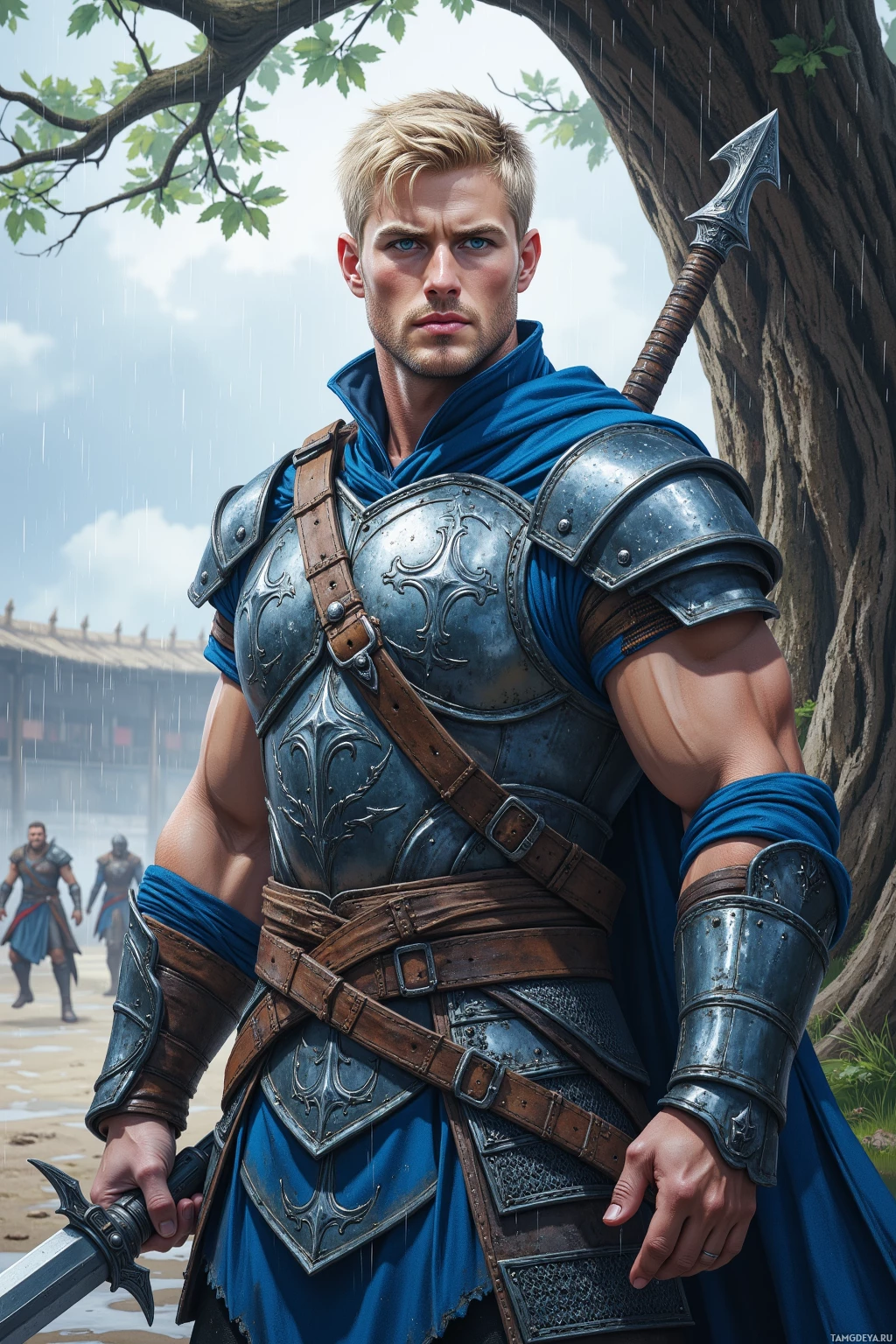 A knight in blue armor stands under a tree in the rain.