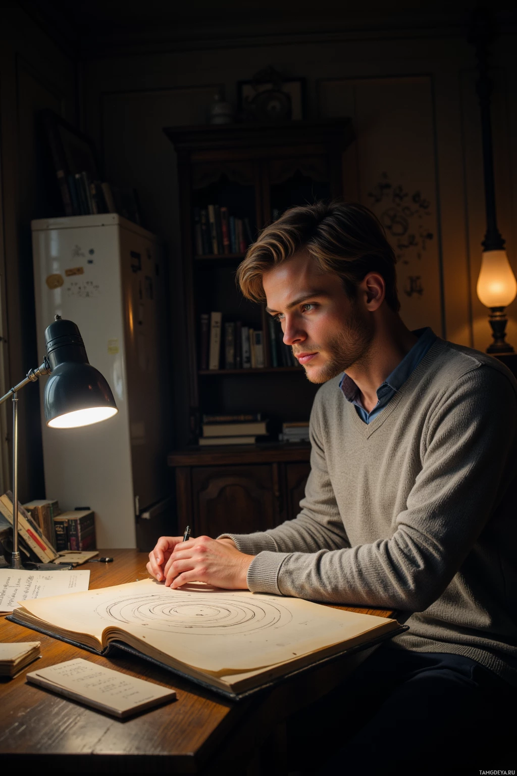 A man is sitting at a desk, writing in a notebook under a lamp in a dimly lit room.