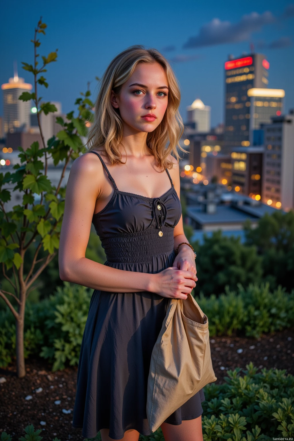 A woman in a dark dress stands in front of a cityscape at dusk.