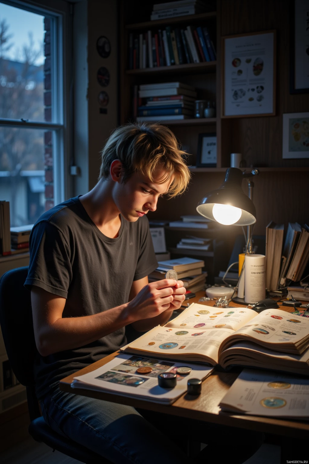 A young person is studying at a desk, illuminated by a desk lamp, surrounded by books and coins.