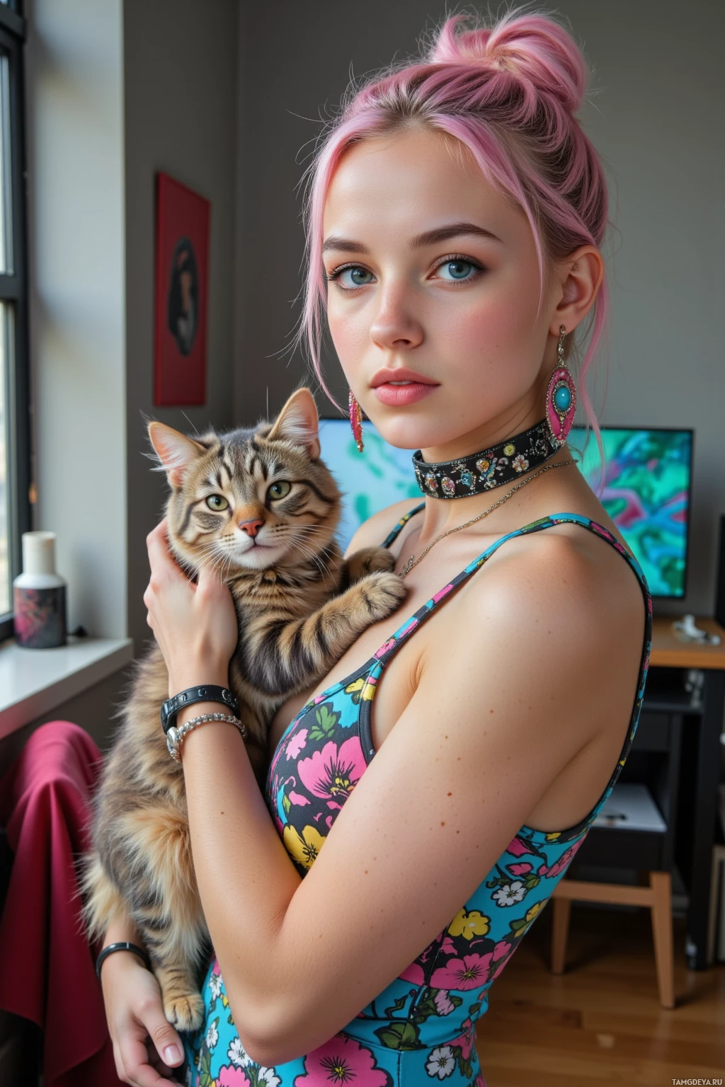 A person with pink hair holds a cat in a floral dress.