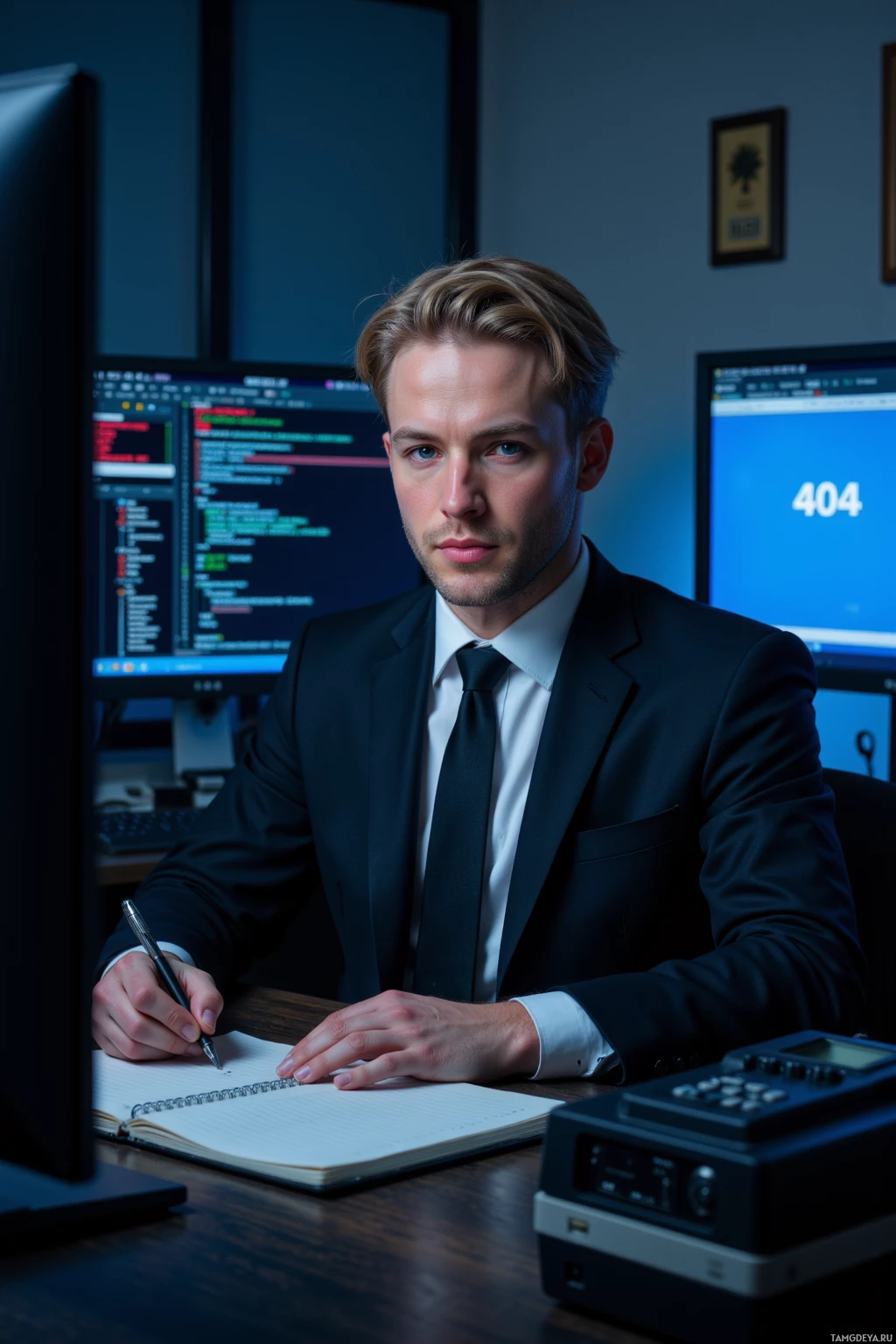 A man in a suit sits at a desk with a computer, holding a pen and notebook.