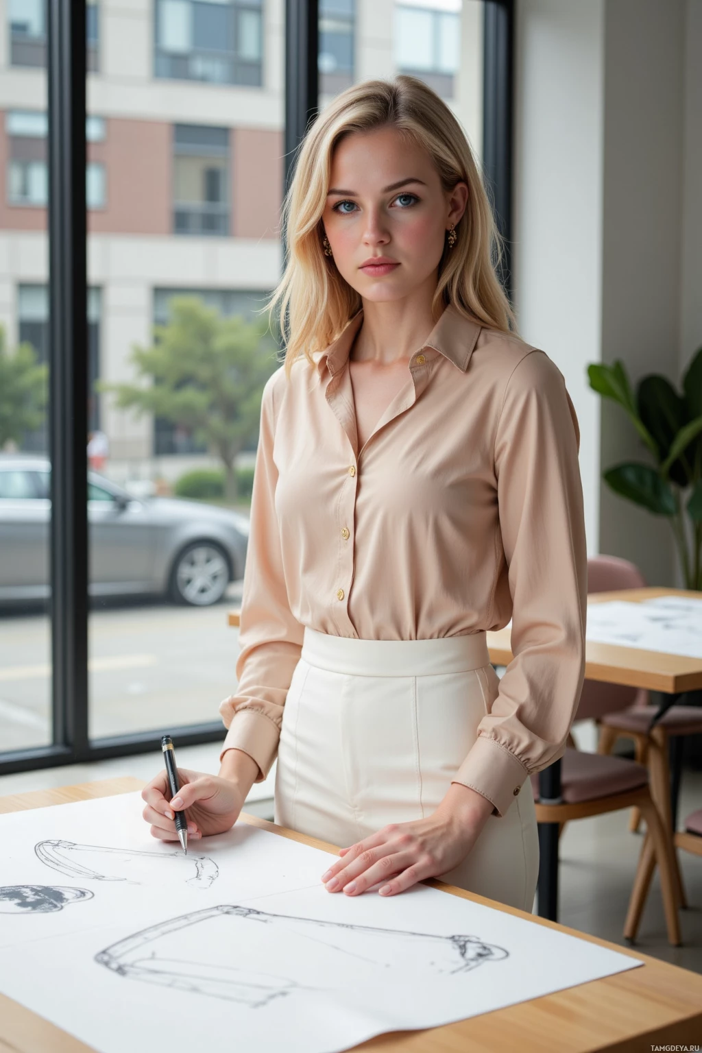 A woman in a professional setting, holding a pen, with a drawing on the table.