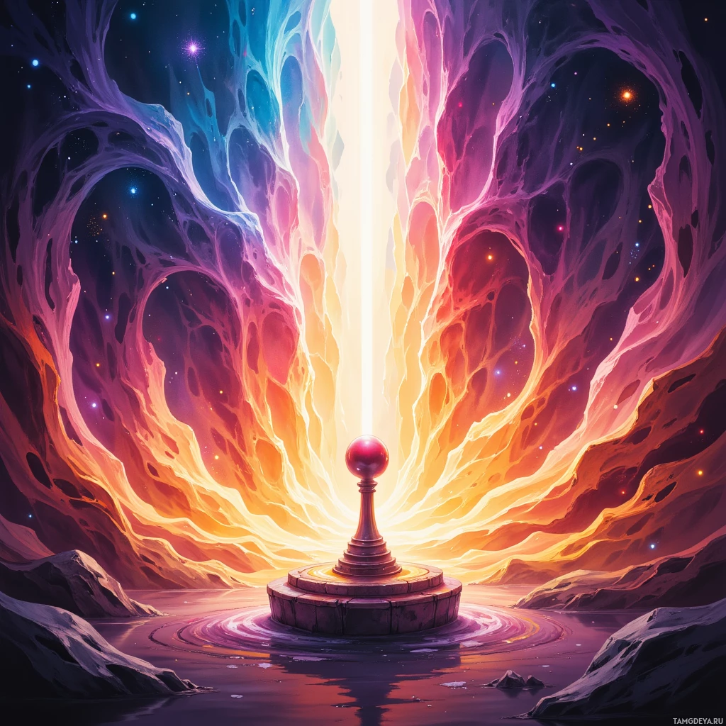 A vibrant cosmic scene featuring a glowing portal with swirling colors and a pedestal in the foreground.
