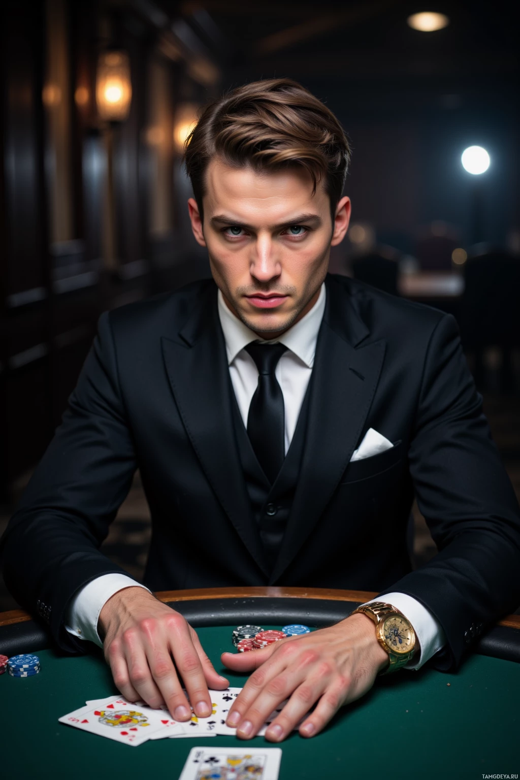 A man in a suit sits at a poker table, holding cards and chips.