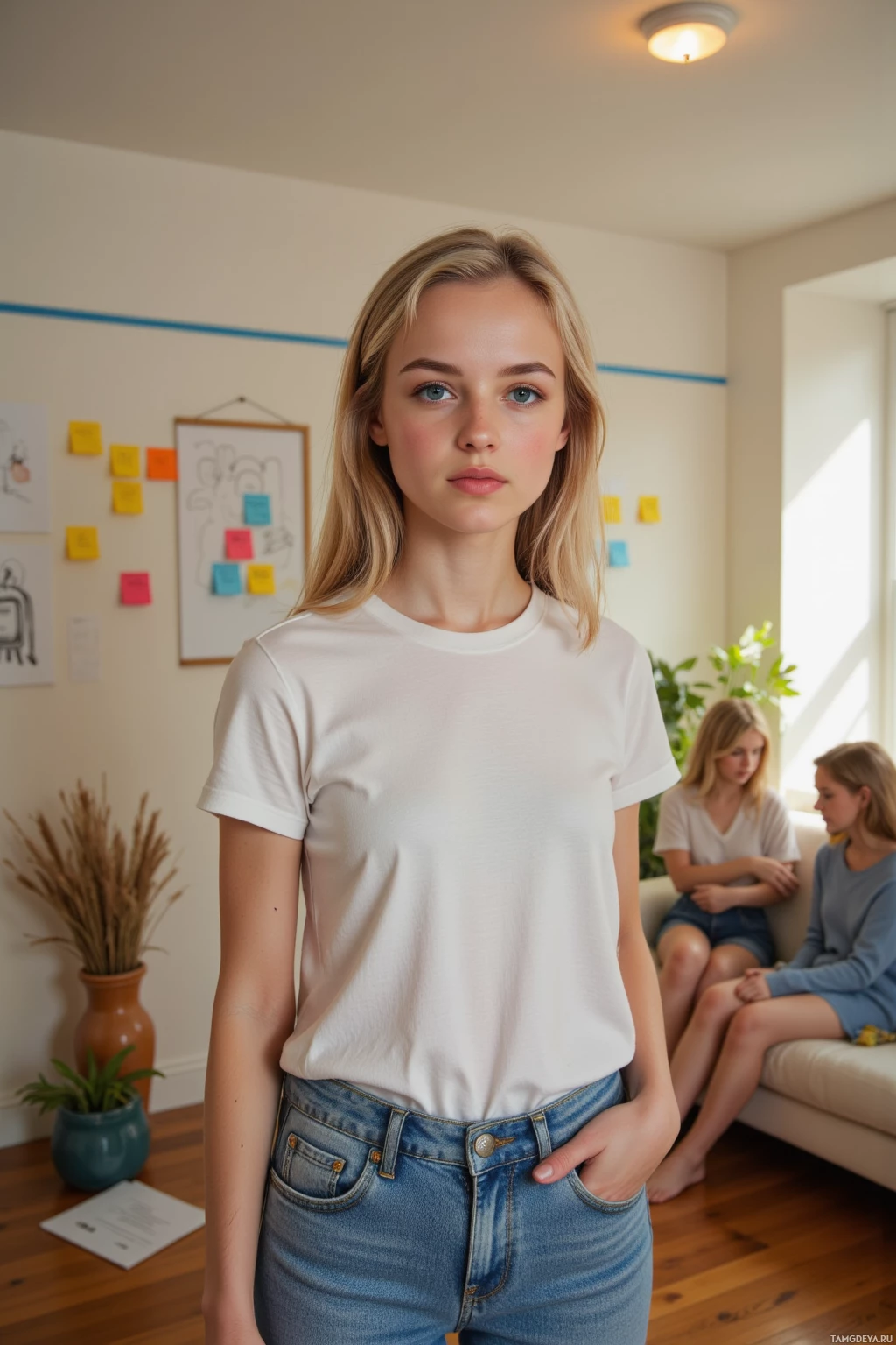 A young woman stands in a room, wearing a white t-shirt and jeans, with two others seated in the background.