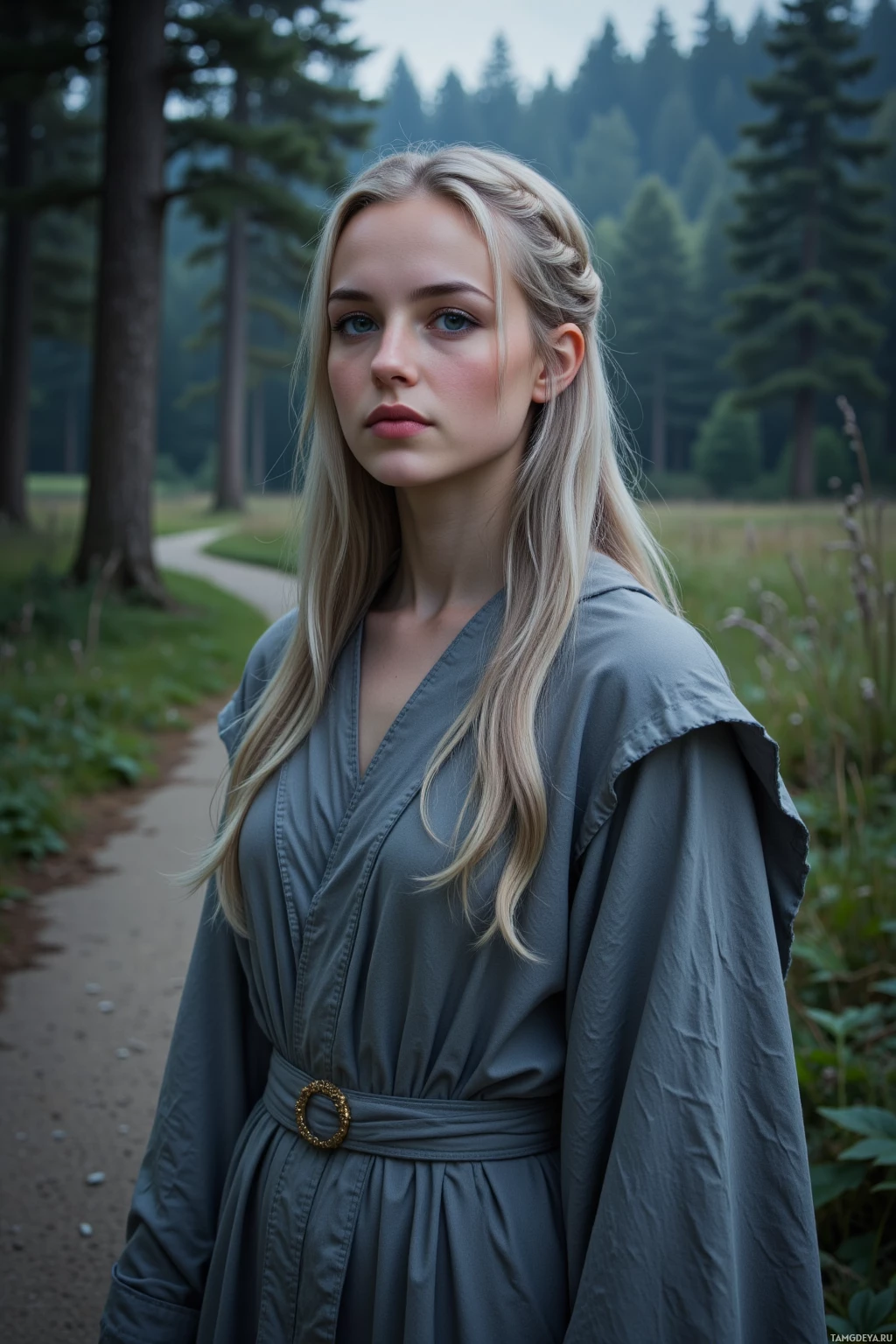 A woman in a gray robe stands in a forested area.
