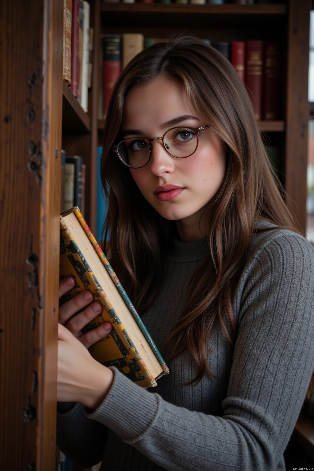 A young woman with glasses holds a book in front of a bookshelf.