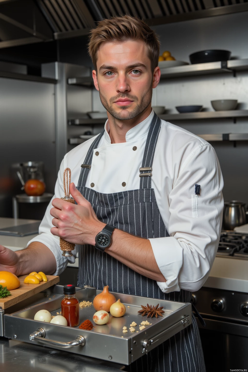 A chef in a professional kitchen setting, holding a whisk and surrounded by cooking ingredients.