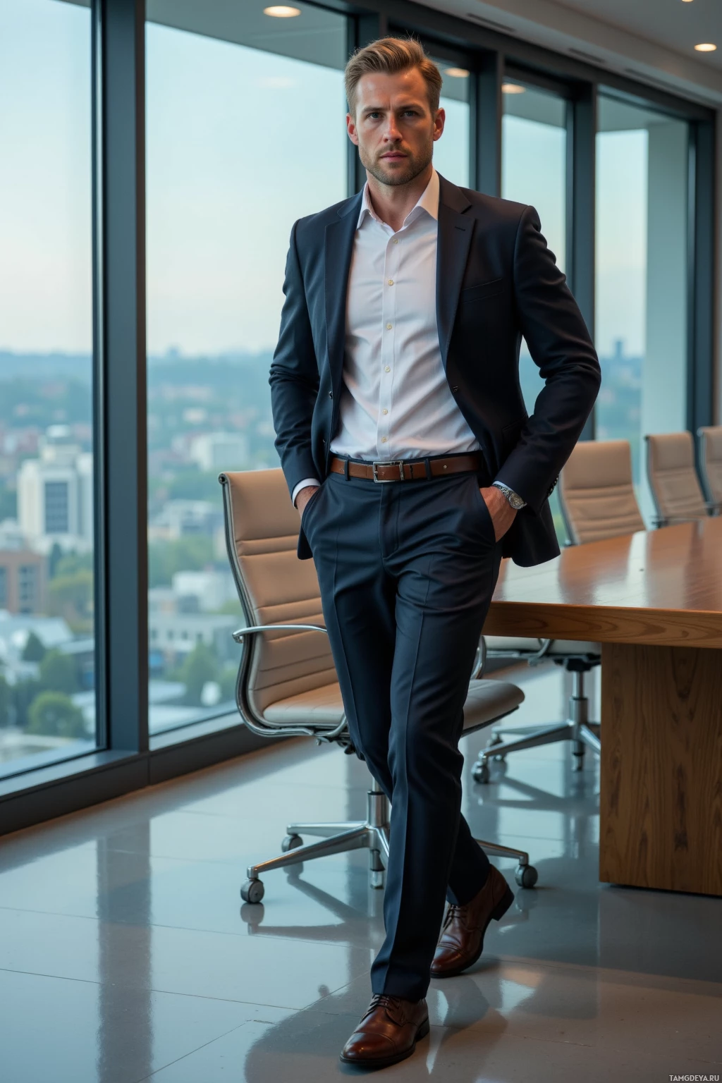A man in a suit stands in a modern office with large windows.