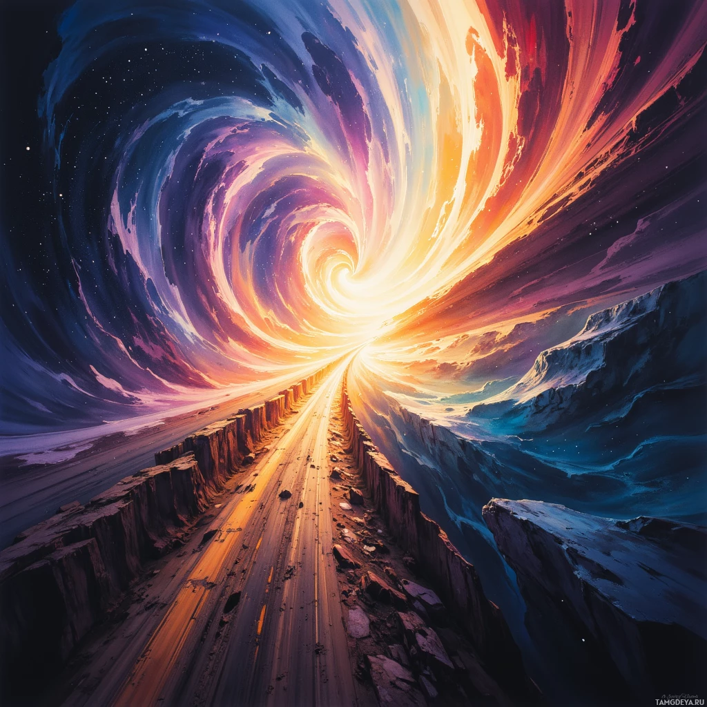 A vibrant, cosmic scene featuring a swirling galaxy and a road leading into the center.