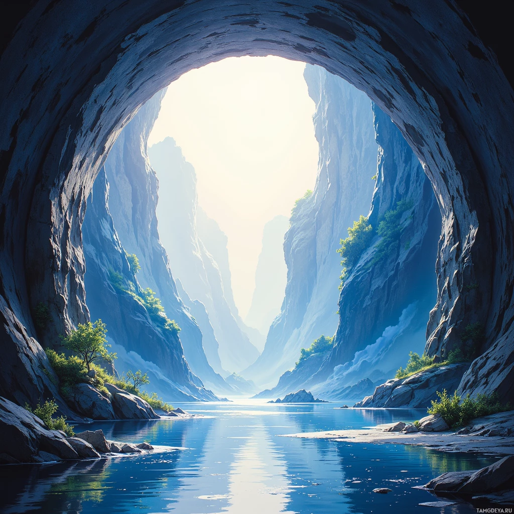 A serene landscape featuring a natural archway over a calm body of water surrounded by towering rock formations.
