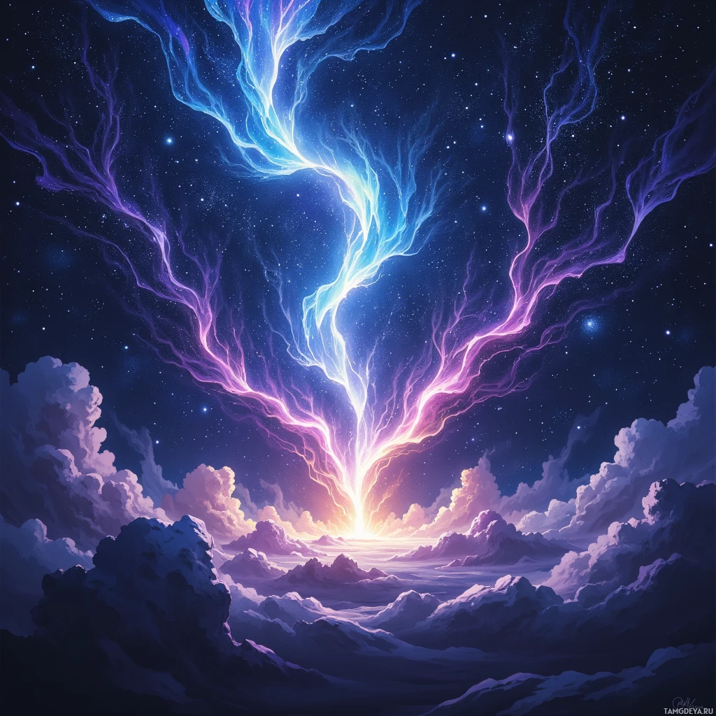 A vibrant cosmic scene with swirling nebulae and starry skies.