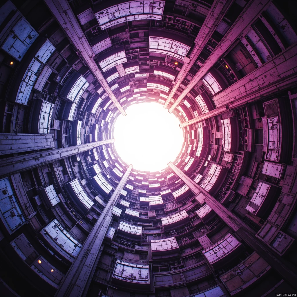 A circular, futuristic structure with a bright light at the center.