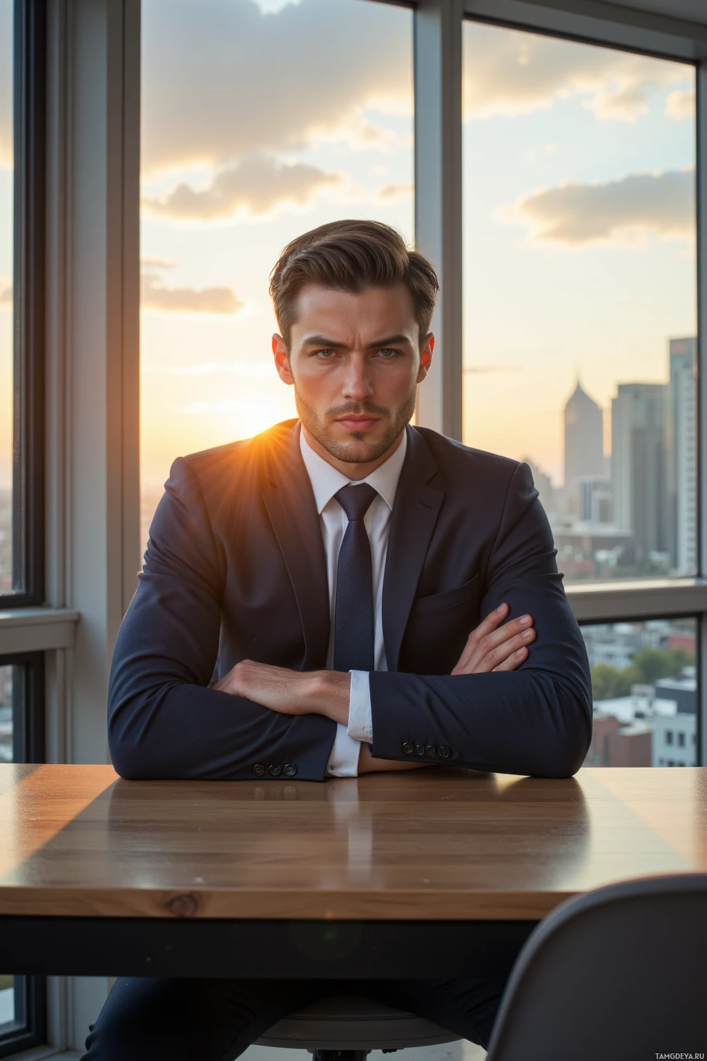 A man in a suit sits at a desk with a cityscape and sunset in the background.